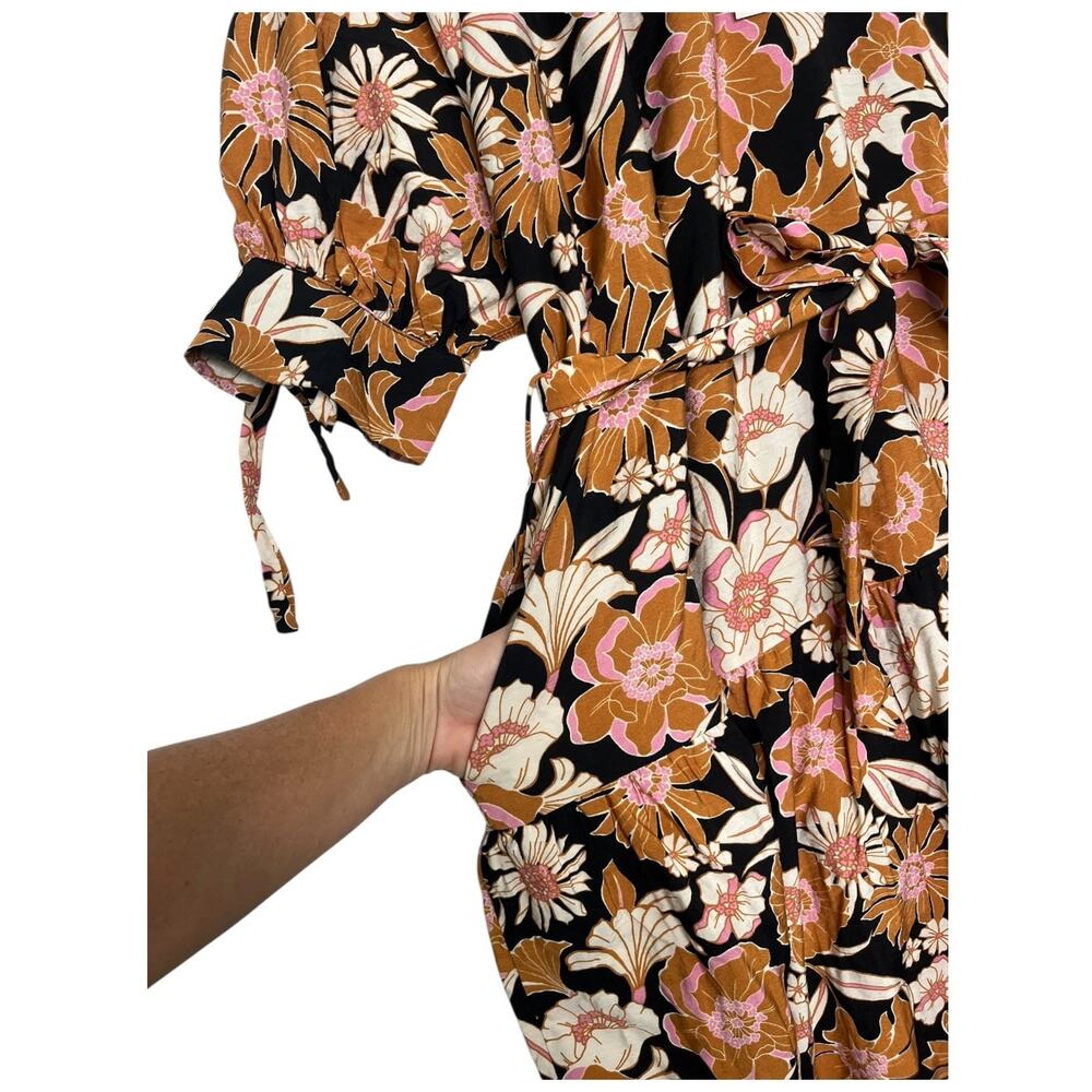 New Bohme Womens Medium Black Orange Floral Midi Dress Boho Belted Flowy Beachy - Picture 4 of 12